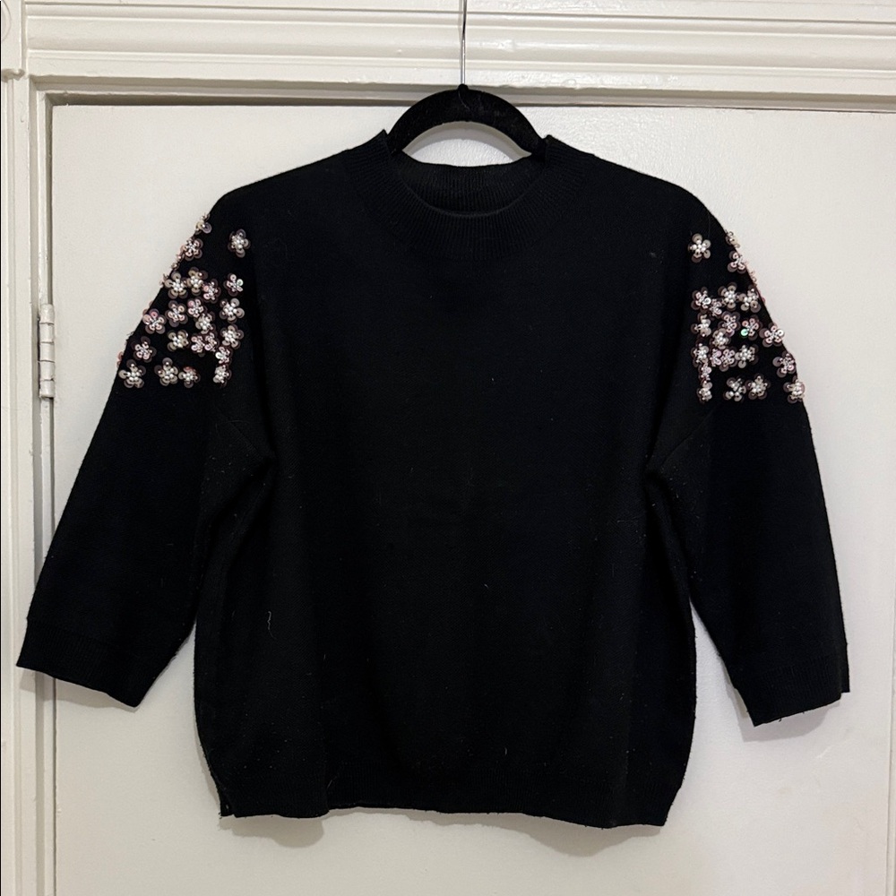 Black Sweater with Floral Sequin Embellishments